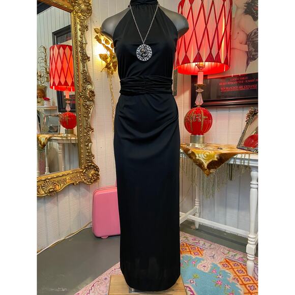 vintage 1970s black maxi dress turtleneck ruched draped disco small 70s fashion - Picture 1 of 8
